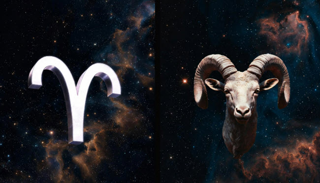 Símbolo de Aries y carnero realista en el espacio. Representación astrológica del signo Aries con fondo cósmico.