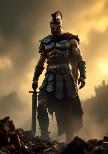 Guerrero espartano con armadura antigua y espada, representando la energía poderosa y valiente de Marte en Aries