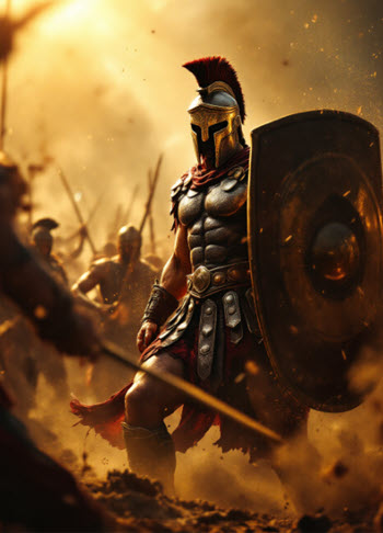 Guerrero espartano representando al dios Marte, regente del signo Aries. Imagen épica de un guerrero con armadura y escudo en plena batalla con tonos dorados.
